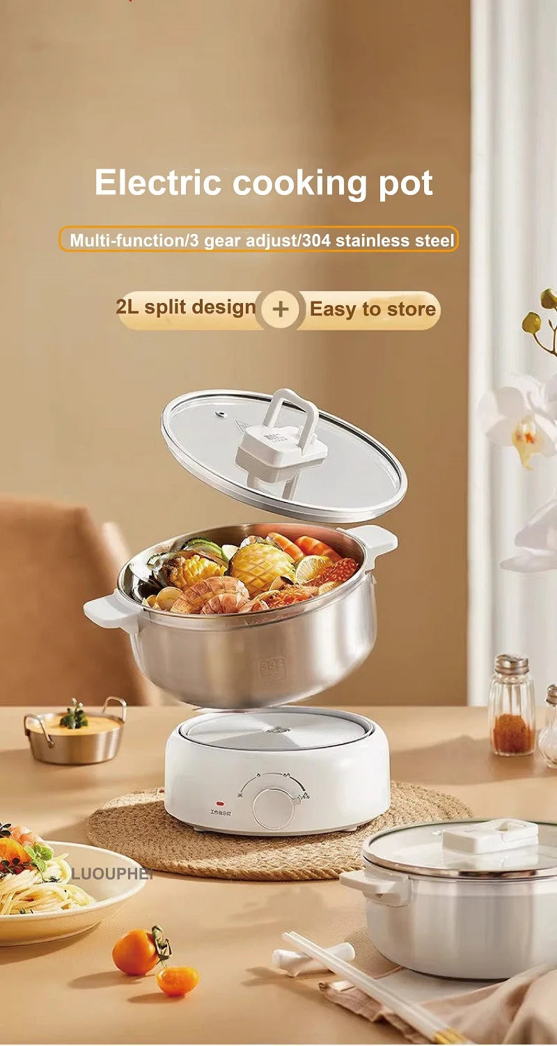 Multi-function split electric cooking pot with stainless inner bowl, glass lid, and white base
