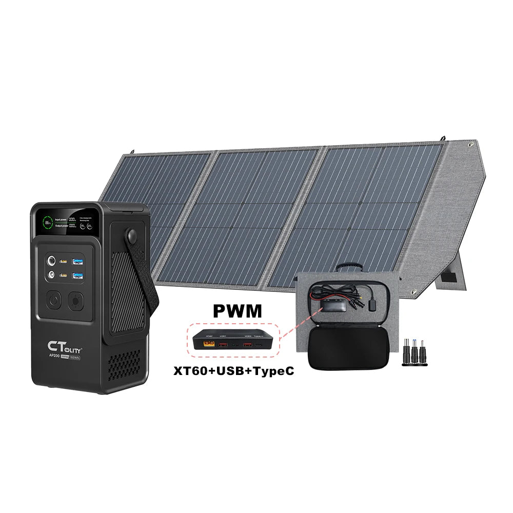 CTOLITY 200W Portable Power Station Kit 100W Solar Generator Panel with Built-in PCB USB Type-C 192Wh Power Bank for Outdoor Camping Emergency Use Home Backup Power
