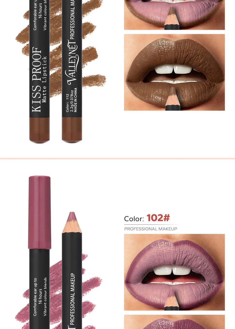 4-piece set of wood matte lip pencils in nude brown and mauve shades, long-lasting velvet waterproof lipstick formula.