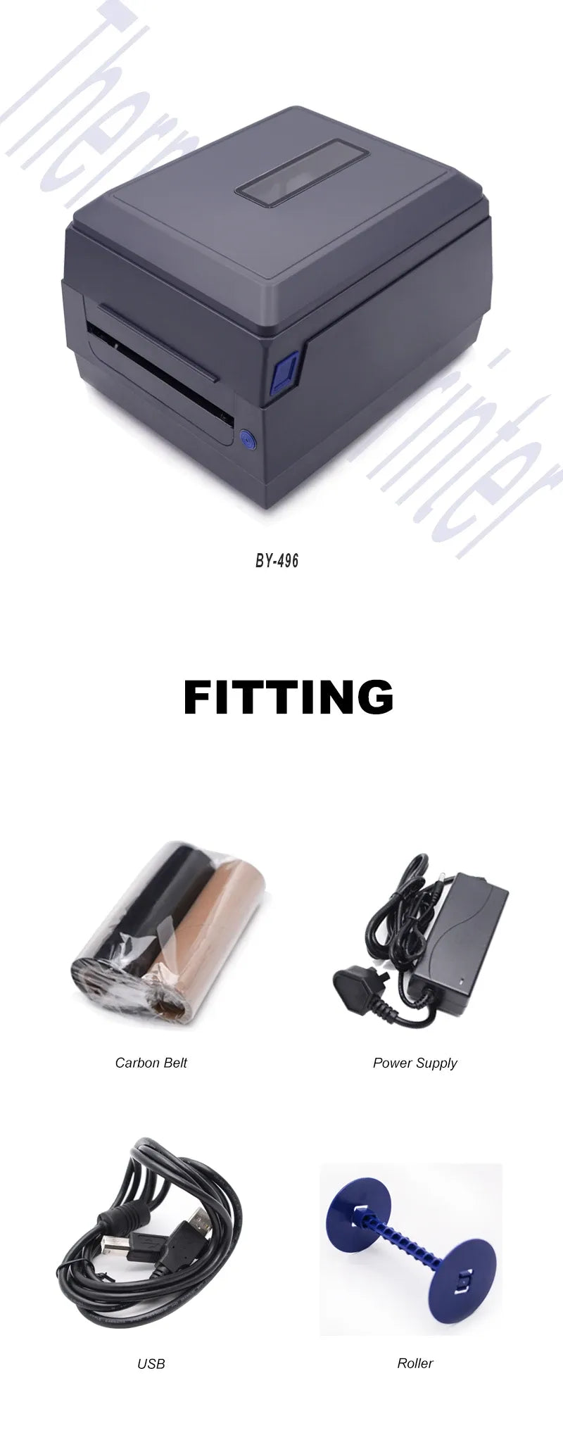 Label printer accessory kit: ribbon roll, power adapter, and connection cable