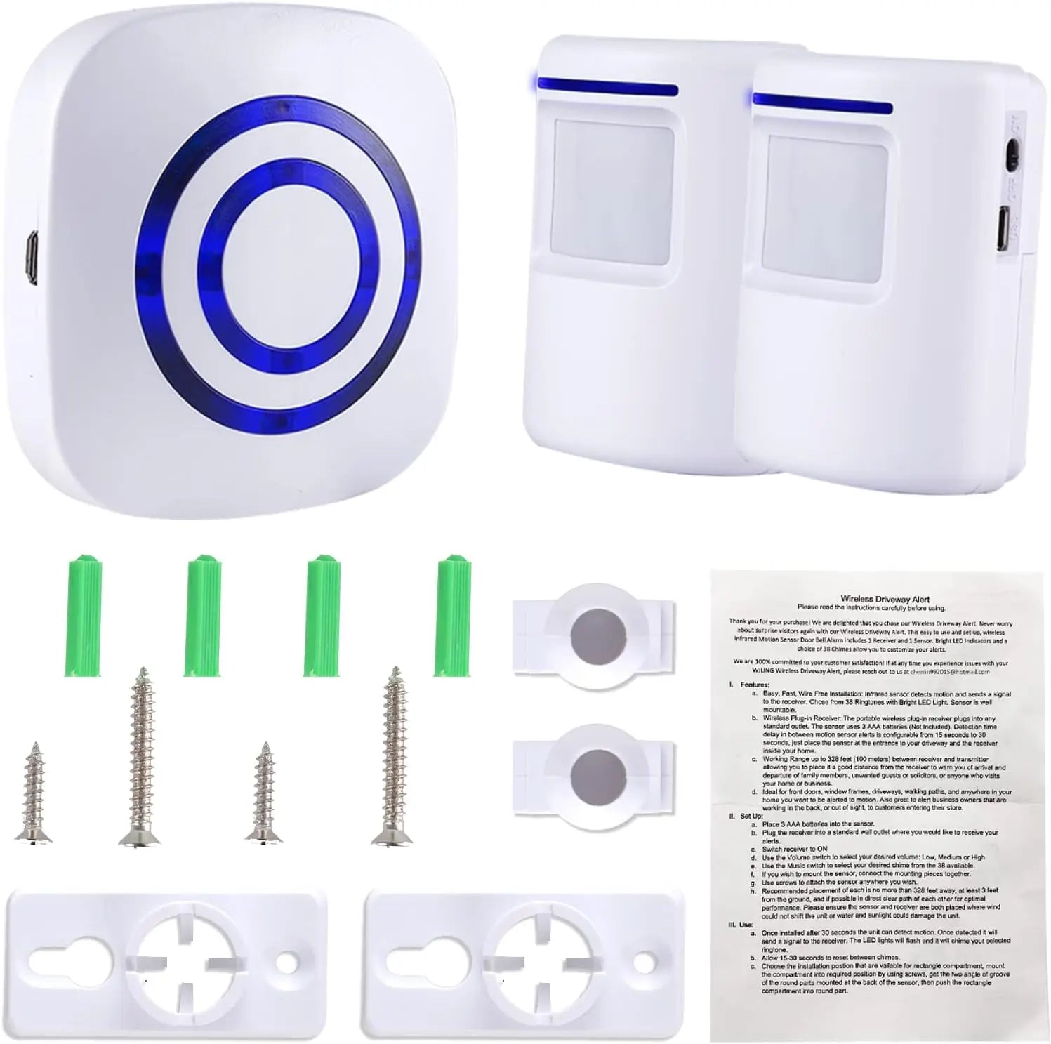 Wireless Home Security Entrance Alarm Visitor Doorbell with Plug-in Receiver and PIR Motion Sensor Warning System 38 Melodies