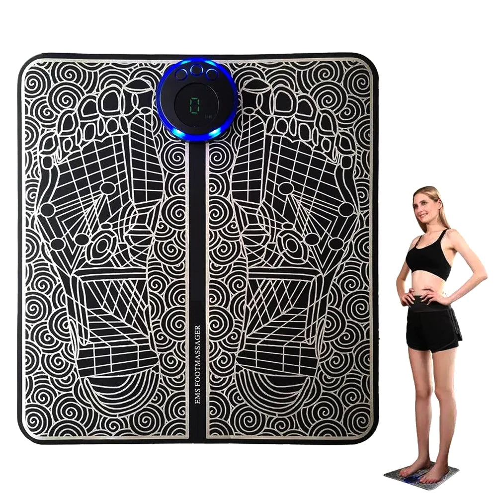 Black EMS electric foot massager mat with digital display for home relaxation and sore muscle relief.