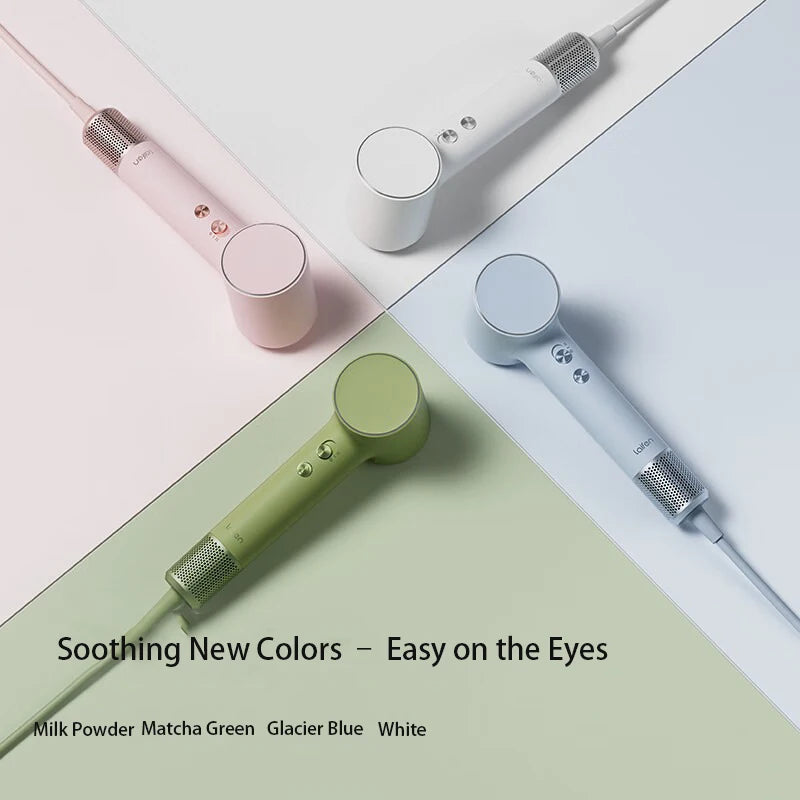 Laifen Mini portable high-speed hair dryers in pink, white, matcha green, and glacier blue for home and dorm use.