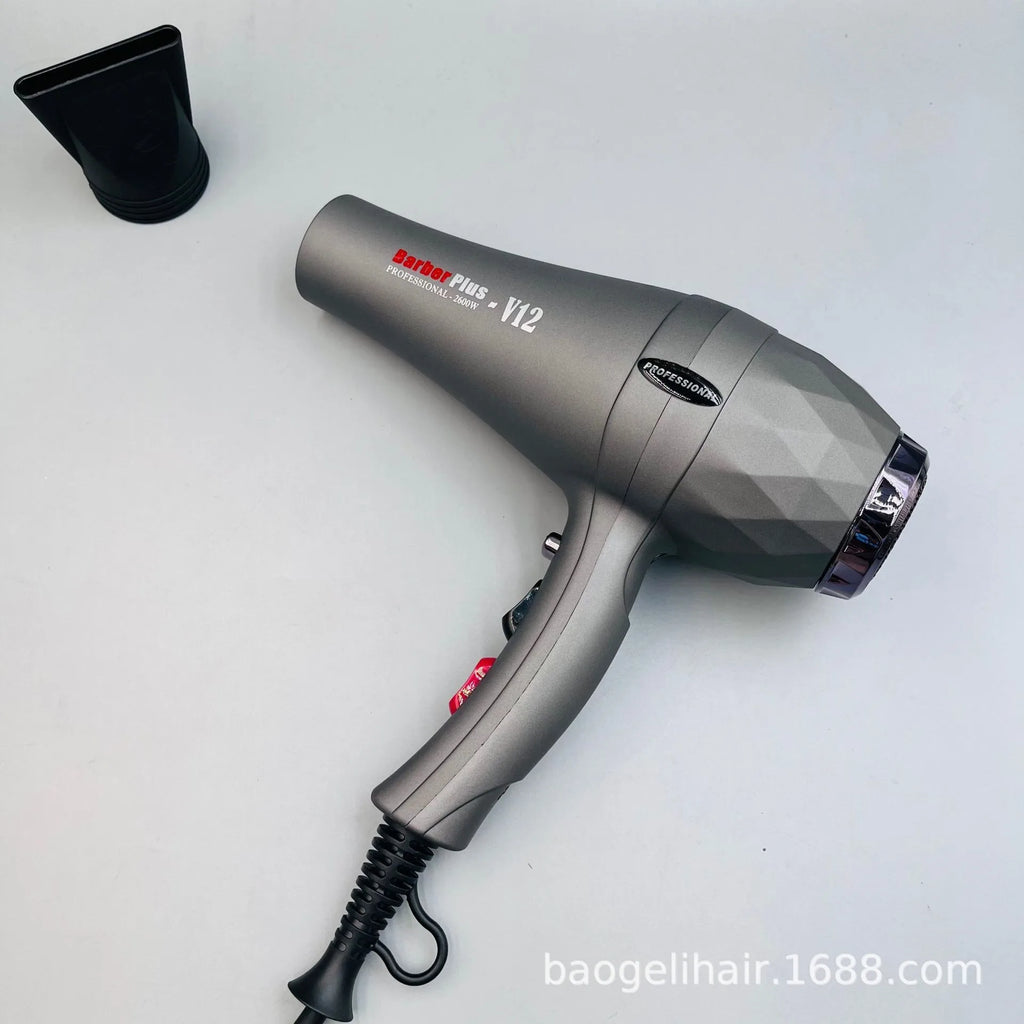 Grey Barber Plus 2600W professional hair dryer with textured finish and concentrator nozzle for quick drying.