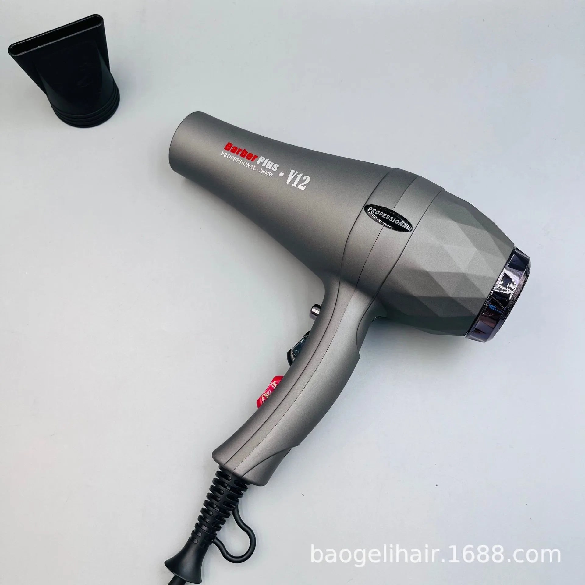 Grey Barber Plus 2600W professional hair dryer with textured finish and concentrator nozzle for quick drying.