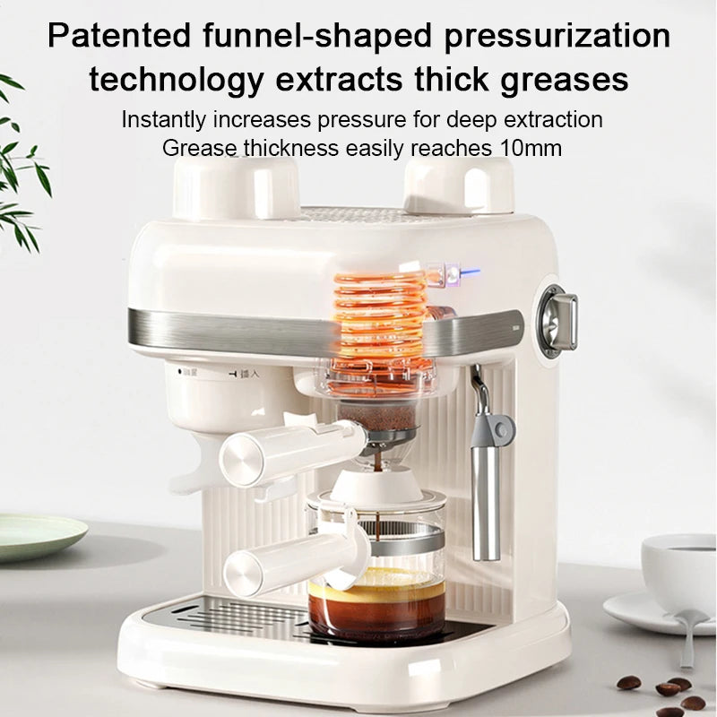 White espresso machine with funnel-shaped pressurization technology for deep extraction and thick crema.