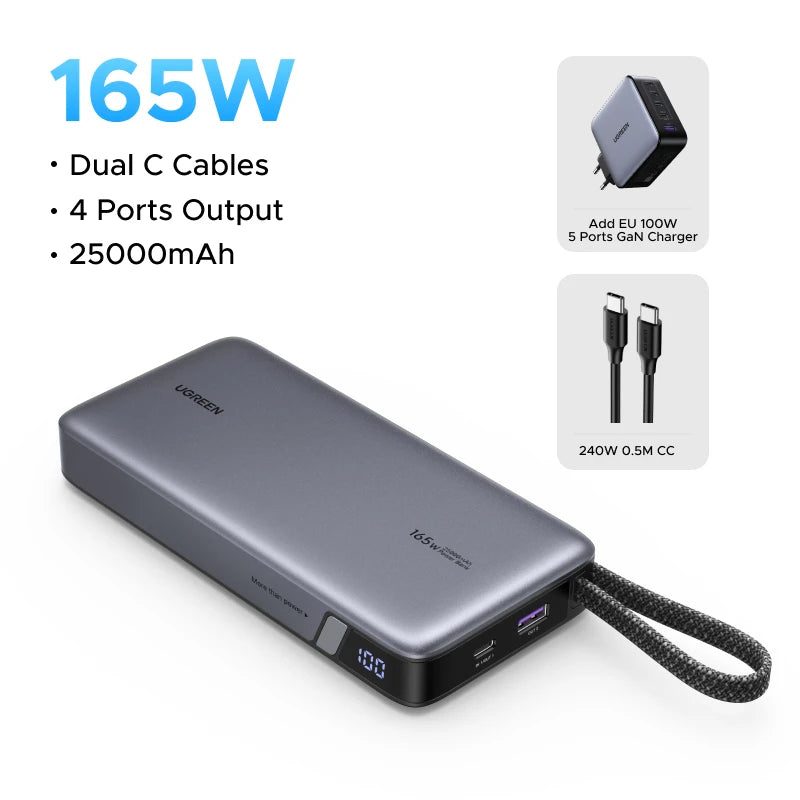Tidesmit 165W 25000mAh Fast Charging Power Bank with Dual Cables Add 100W EU Charger Tidesmit