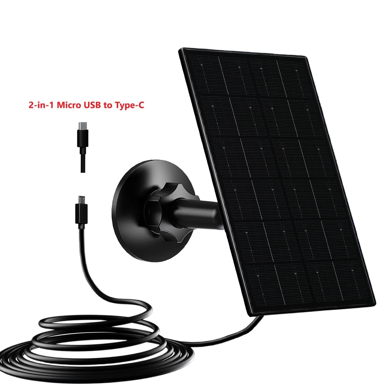 10W 5V Waterproof Solar Panel Charger 2-in-1 Micro USB Type-C with 2m Cable Portable Outdoor for Security Camera & Mobile Phone