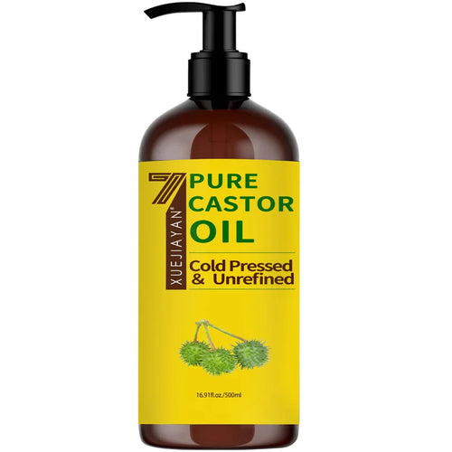 Amber bottle of cold-pressed, unrefined castor essential oil for natural wellness and aromatherapy.