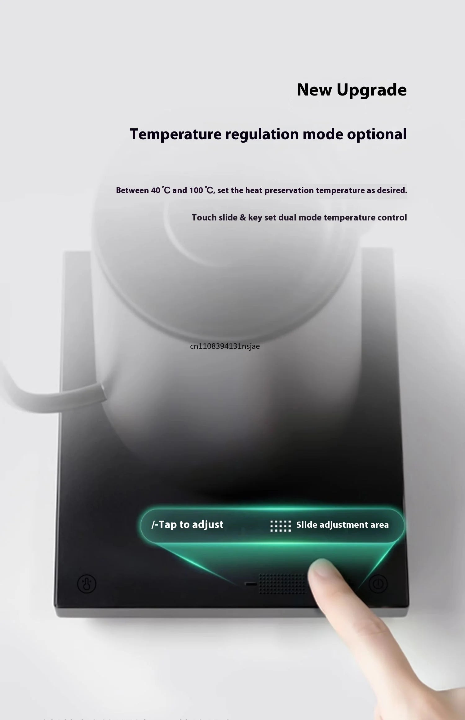 White electric gooseneck kettle with black base, digital touch slider for precise temperature control.