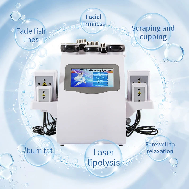 White multifunctional beauty device with a digital screen, multiple treatment heads, and pads for skin and body therapy.
