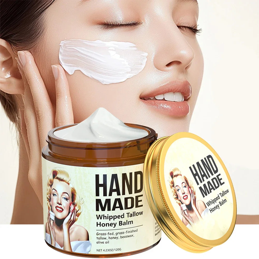 ENVISHA whipped tallow honey face cream in amber jar applied as moisturizing, firming, nourishing skincare on woman.