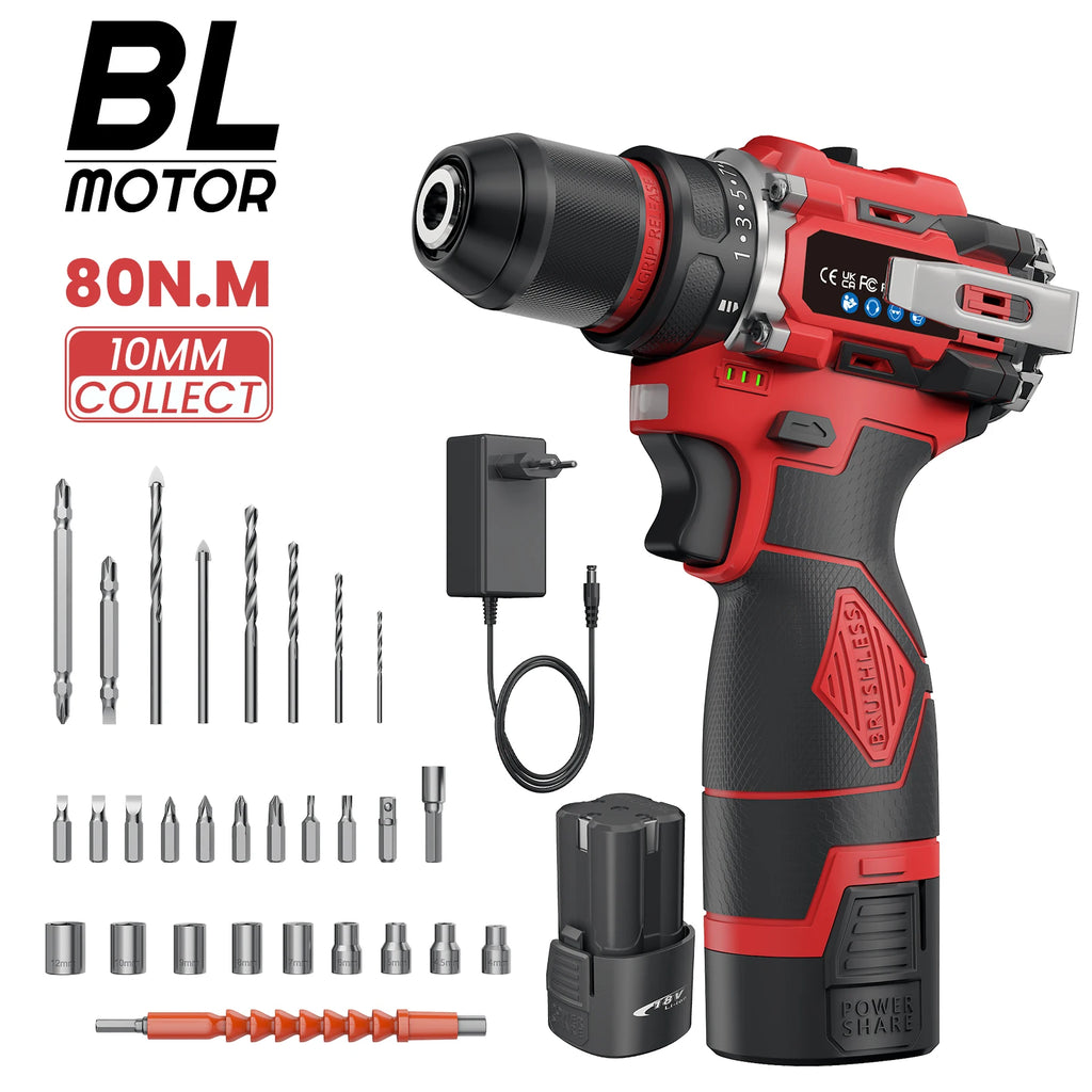 3-in-1 Brushless Electric Screwdriver 80Nm Torque Cordless Handheld Drill Impact Drill 16.8V Household Impact Power Tool