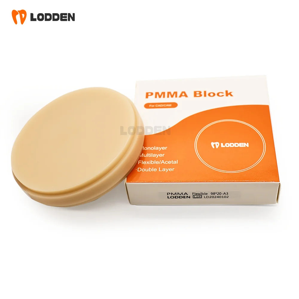 Tidesmit 98mm flexible dental PMMA disc for CAD/CAM milling, high-quality elastic resin block for dental lab use.
