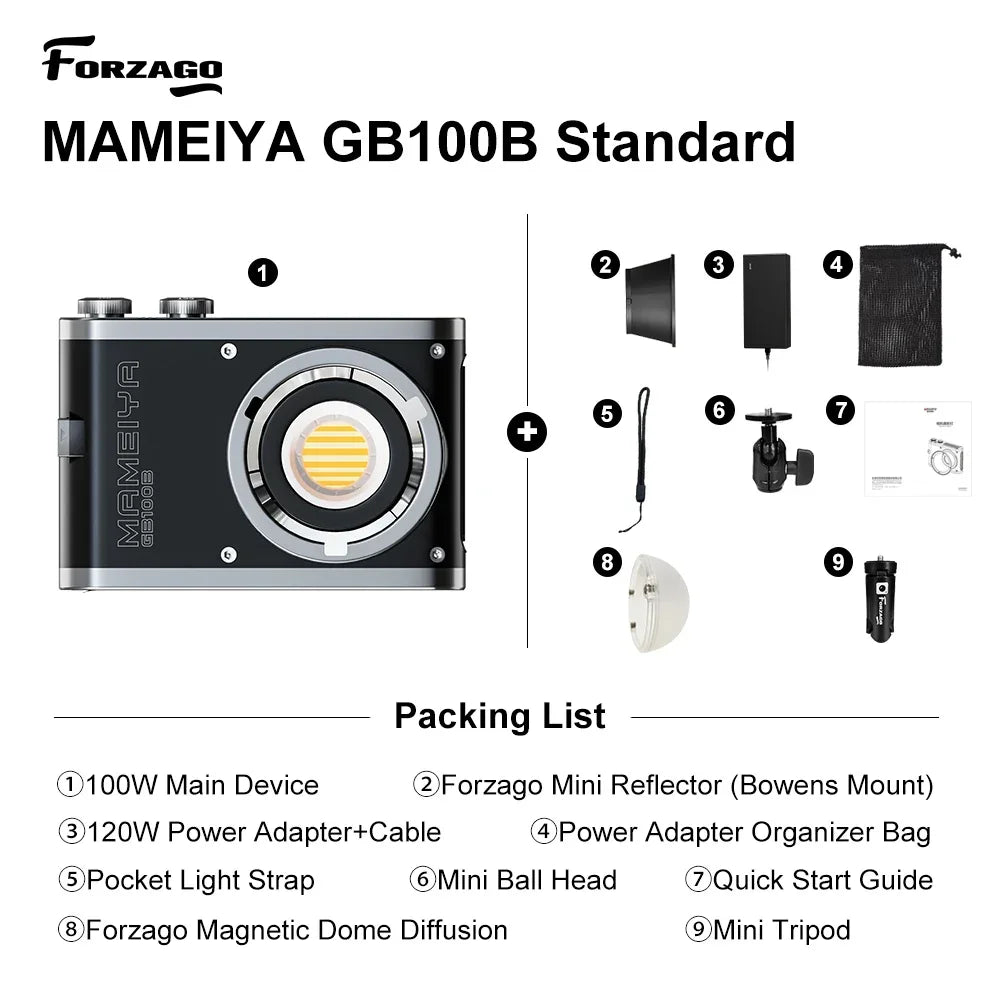 MAMEIYA GB100B 100W LED video light kit with reflector, power adapter, mini ball head, dome diffuser, and tripod.