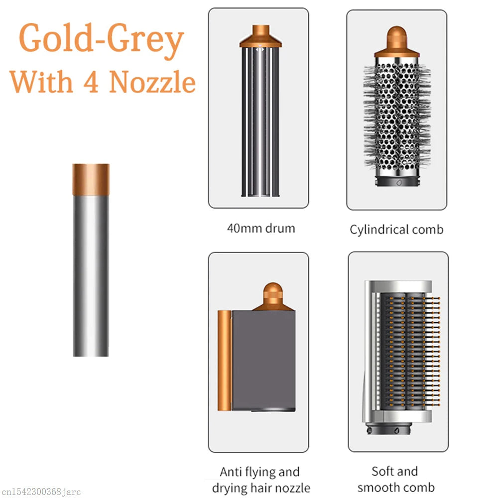 SenCiciMen X9 gold-grey professional hot air styler with 4 attachments: drum, cylinder, drying, and smoothing combs.