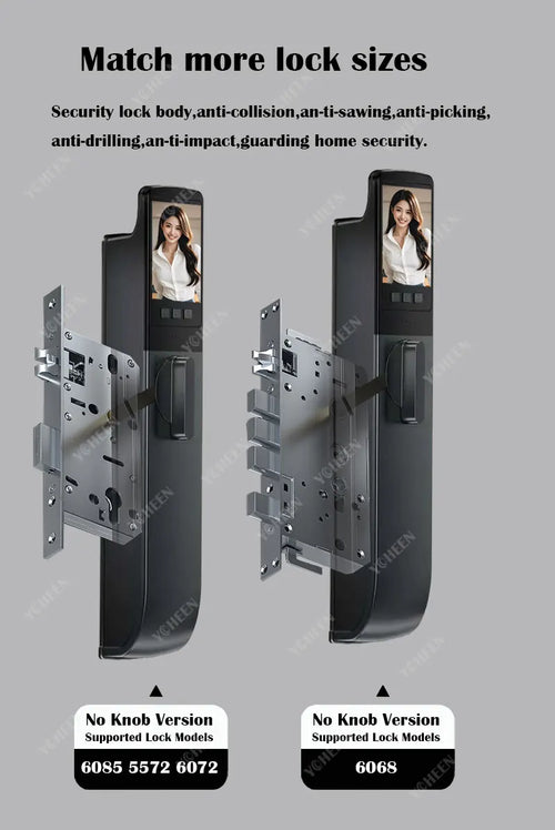 Black smart mortise lock shown with two side mounting styles and metal latch plate