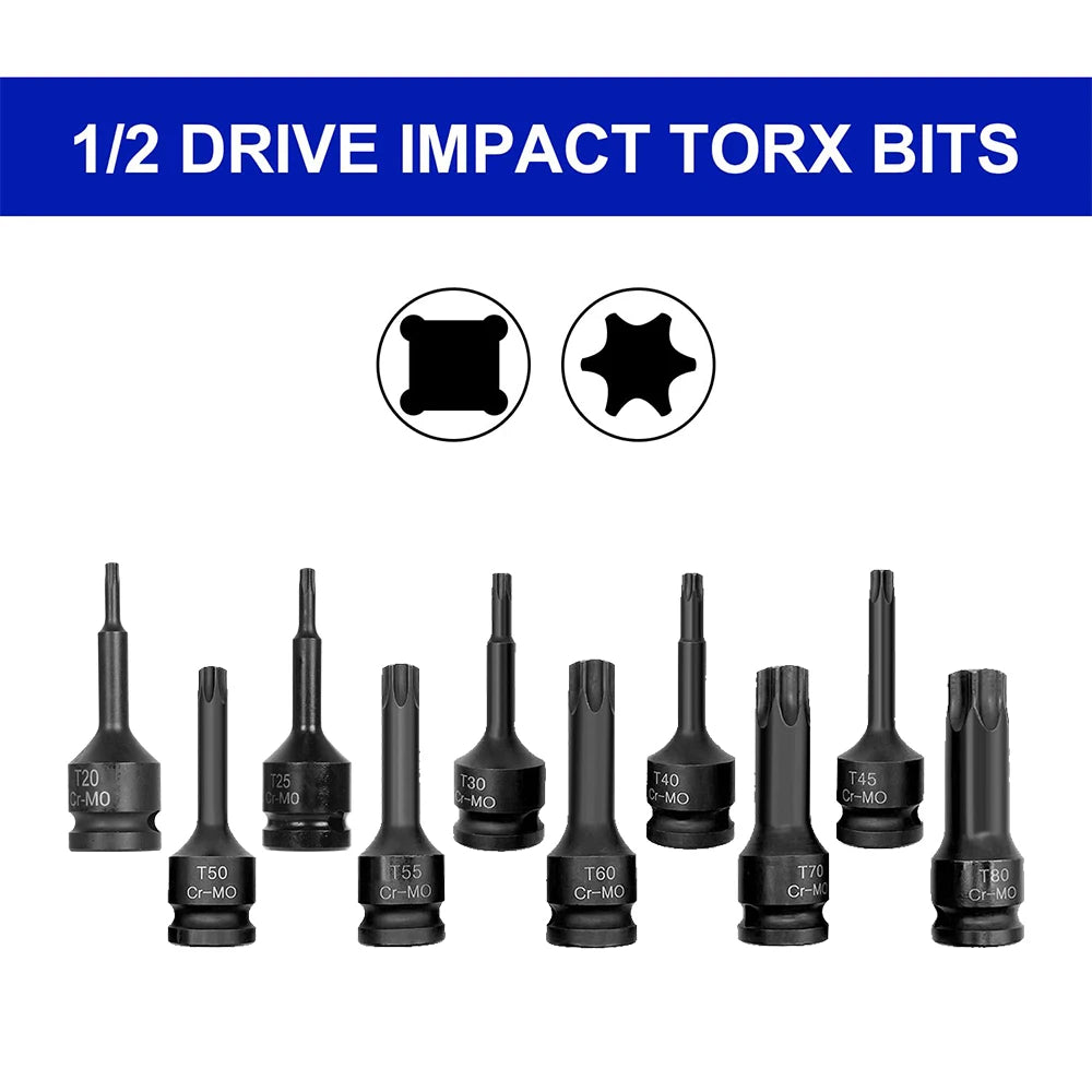 Podofo 10Pcs Hex Allen Torx Impact Socket Bit Set 1/2 Inch Drive T20 T25 T30 T80 with Tool Box for Car Garage Repair