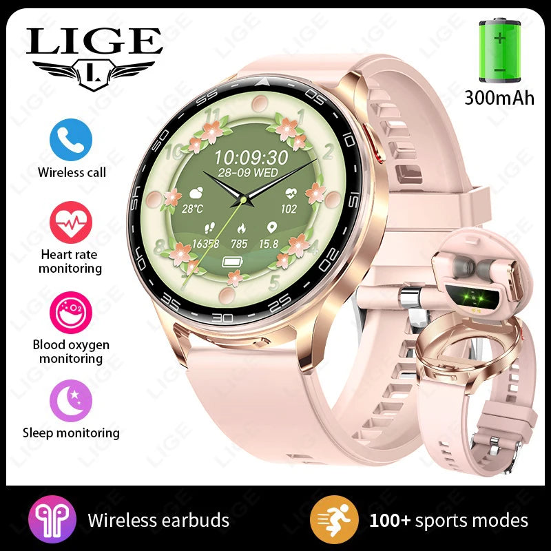Rose pink smartwatch with wireless earbuds, round screen with floral theme and health gauges
