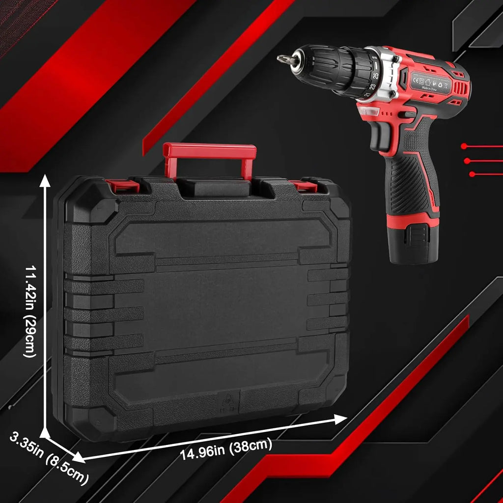 138-Tool Box with Cordless Screwdriver - Extensive Tool and Drill Set w/ 12V Electric Cordless Drill for Repairs and Maintenance