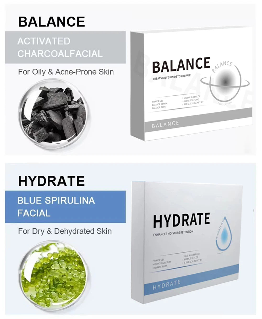 Balance and Hydrate oxygen facial kits with activated charcoal and blue spirulina for rejuvenating skin treatment.