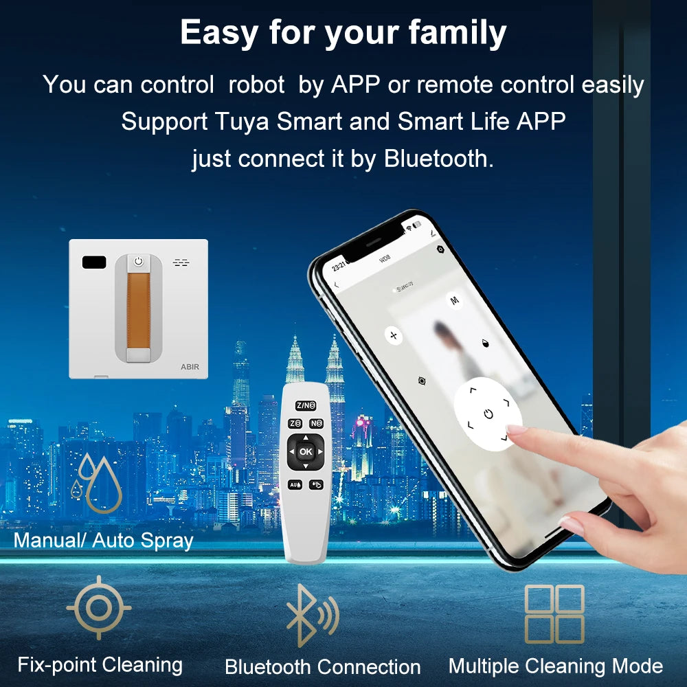Tidesmit ABIR WD8 window vacuum robot showing dual ultrasonic spray nozzles and AI intelligent wiping glass features