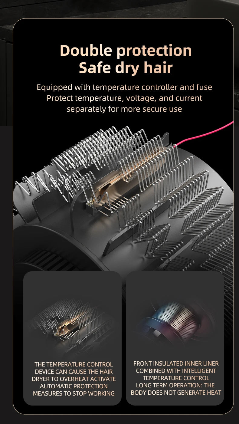 Black 1300W wall-mounted hair dryer internal heating element with intelligent temperature control for safe, fast drying.
