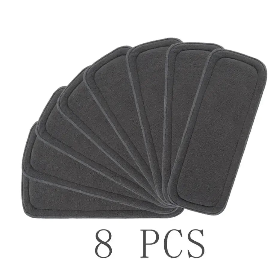 Set of 8 dark gray reusable cloth diaper inserts, absorbent microfiber baby care liners.
