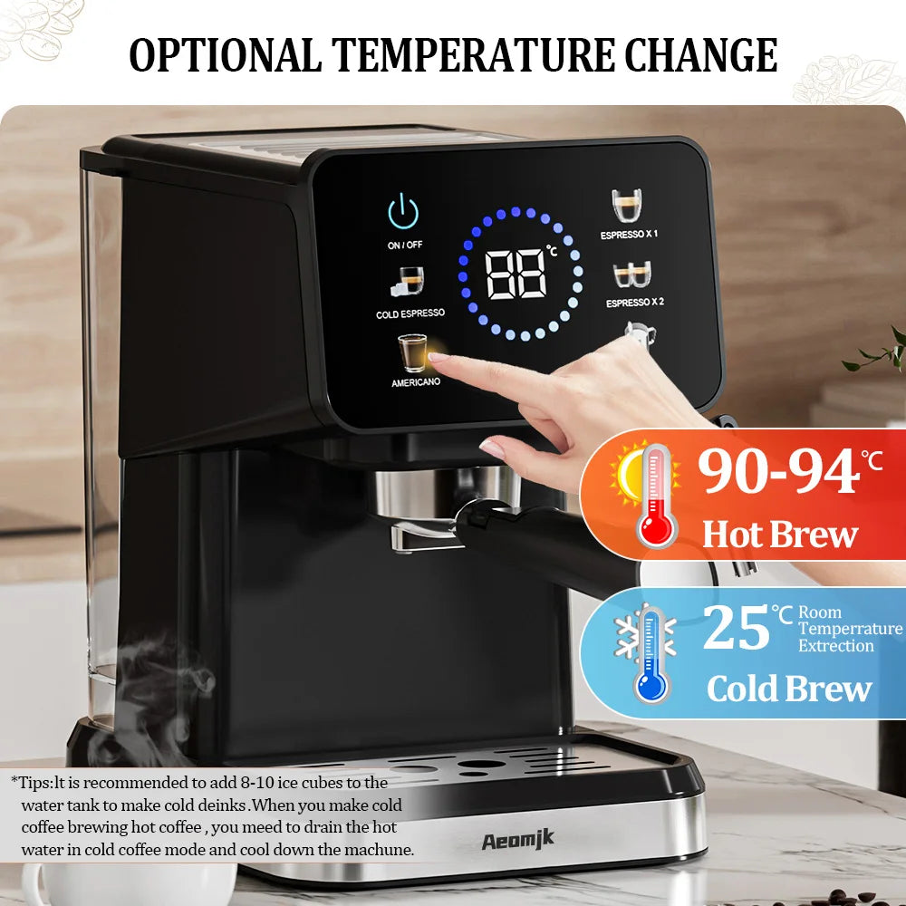 Aeomjk black espresso machine with digital touch screen, temperature control, and portafilter for hot and cold brew.