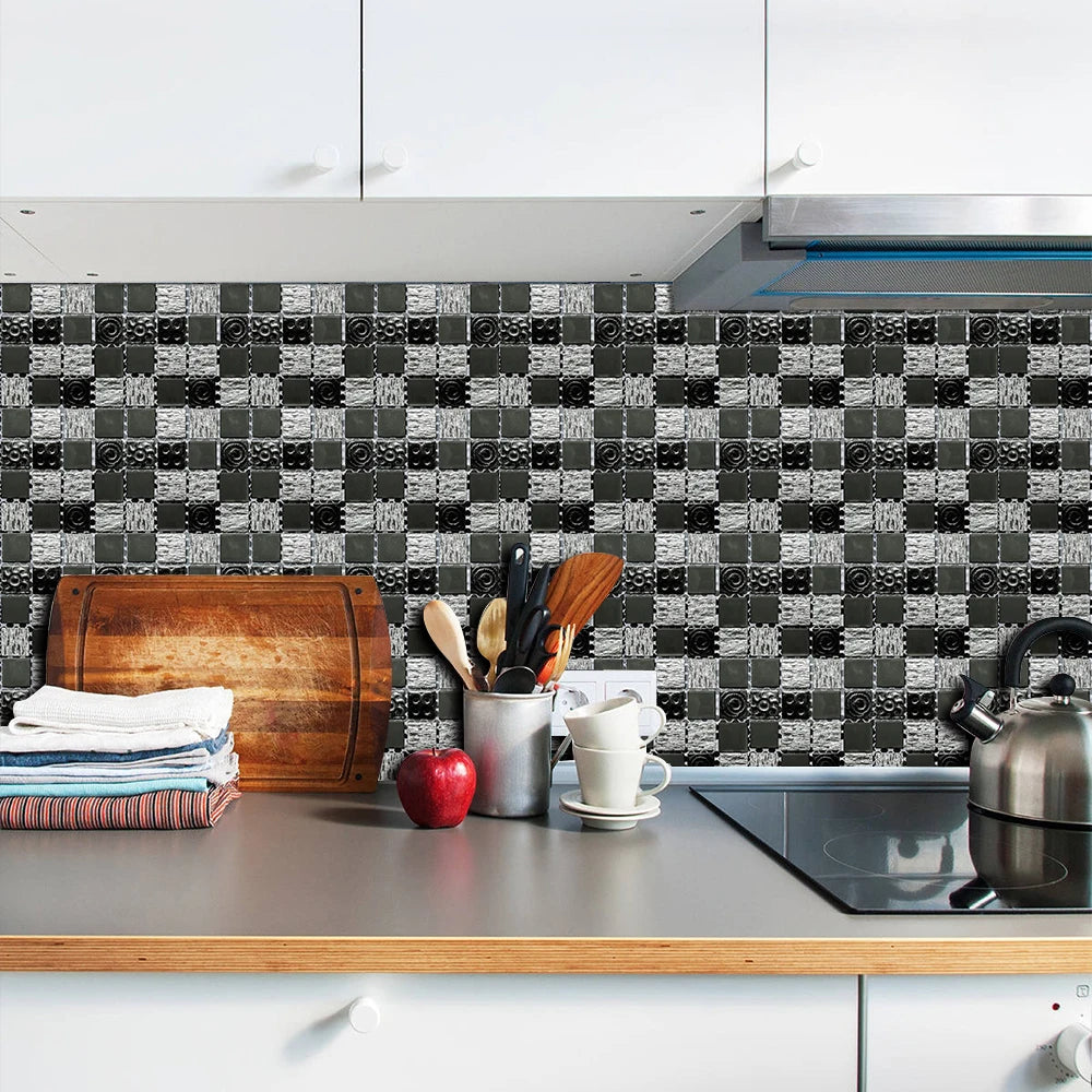 10pcs Flat Mosaic Style Tiles Sticker Kitchen Bathroom Waterproof & Oilproof Art Wall Sticker Peel & Stick Surface Glossy Film