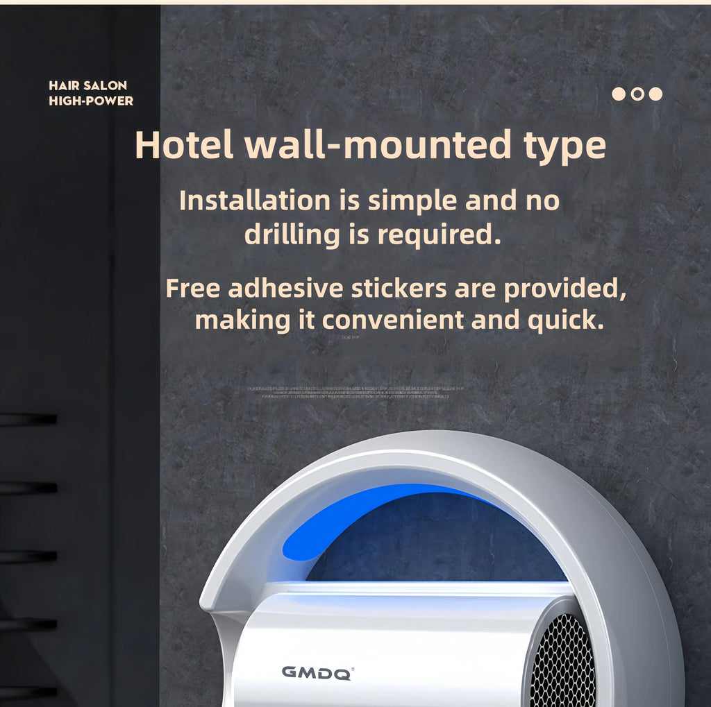 GMDQ 1800W white wall-mounted hair dryer with blue light, 3-speed heat control, and adhesive for drill-free mounting.