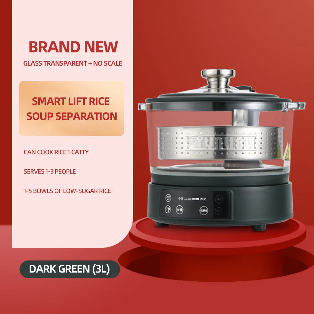 Dark green electric rice cooker with clear glass lid and perforated steaming insert.