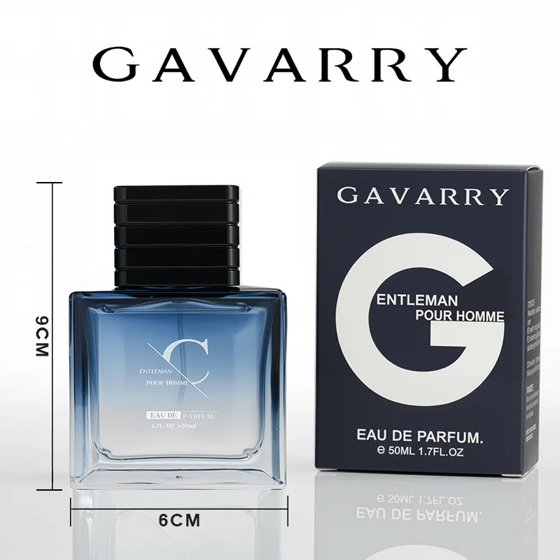 GAVARRY Entleman Pour Homme: Long-lasting 50ml EDP, woody aromatic men's perfume in a square blue ombre glass bottle.