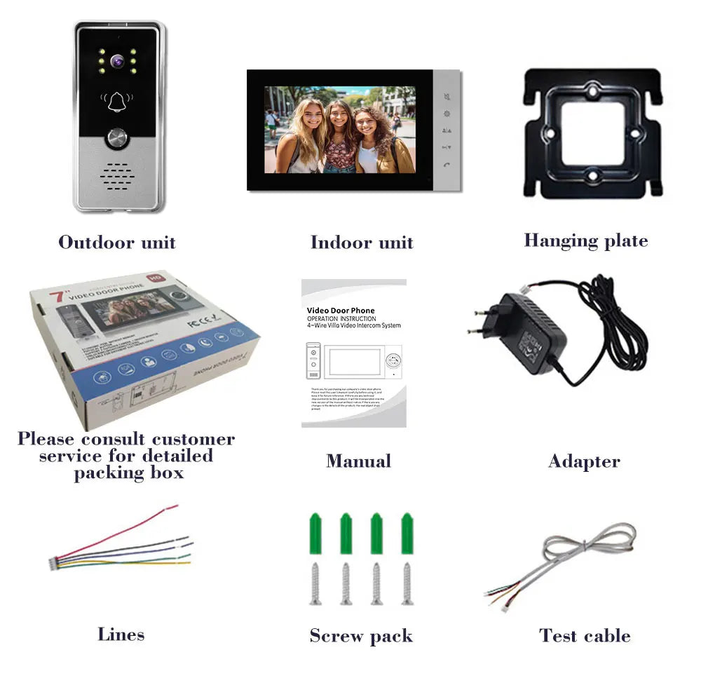 4 Wire 7 Inches Wired Video Doorbell Door Phone Support Unlock, Monitoring, Dual-Way Intercom for Villa Home Office Apartment