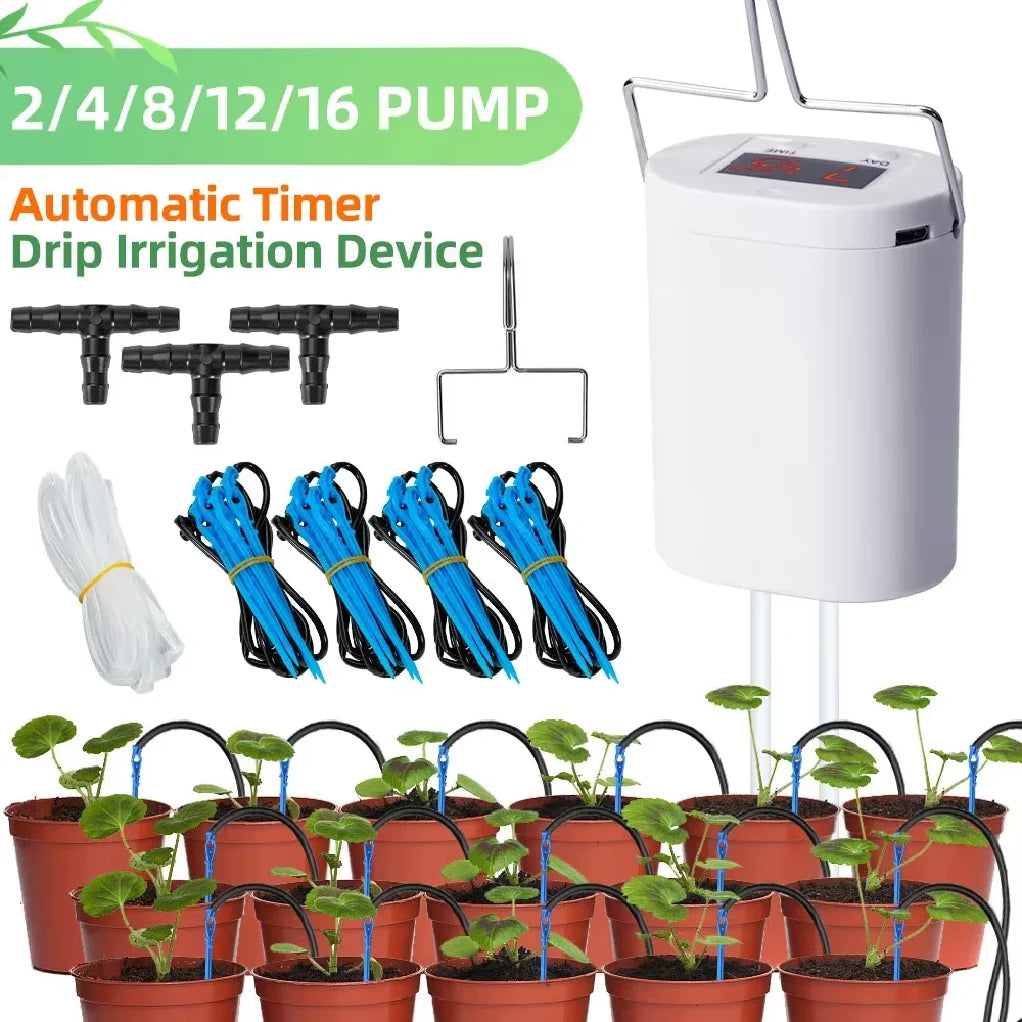 White drip irrigation timer controller with blue drip spikes and manifold tubing set