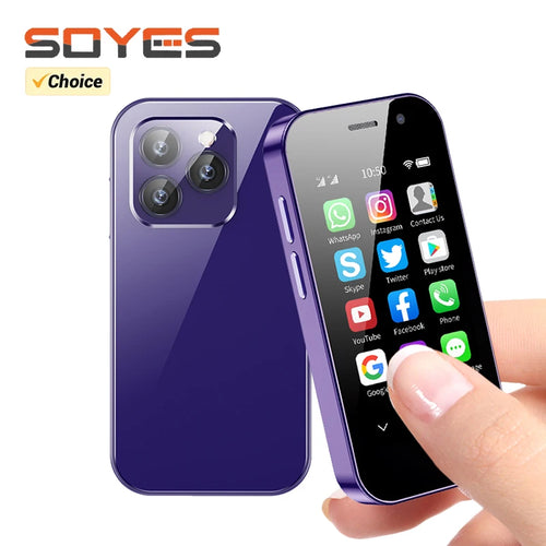 Purple SOYES XS14 Pro 3-inch mini 4G Android smartphone, front and back view, dual camera, touchscreen, app interface.