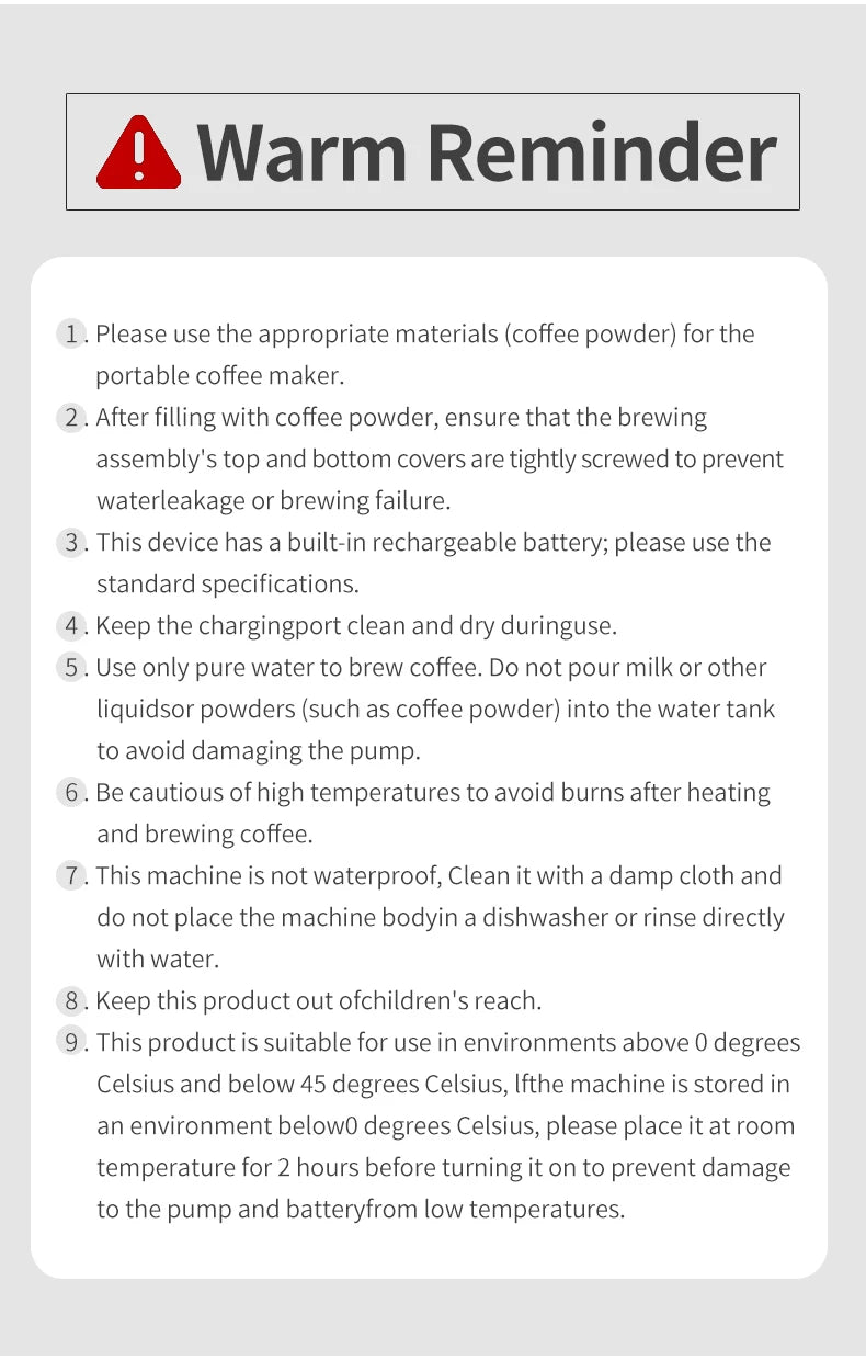 User instructions and safety reminders for a portable electric coffee maker.