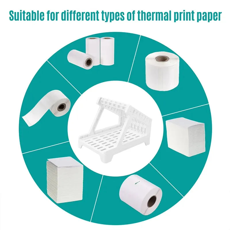Thermal label paper compatibility diagram showing rolls and a label holder