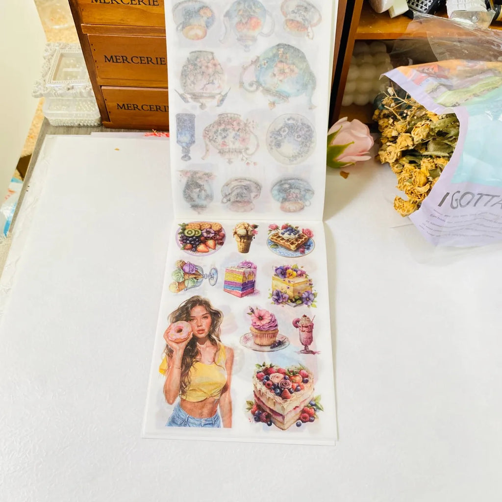 Journamm 20-sheet PET sticker book featuring vintage tea sets and food illustrations for scrapbooking and decoration.