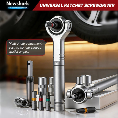 Universal ratchet screwdriver with multiple bit sockets and gray storage case, silver