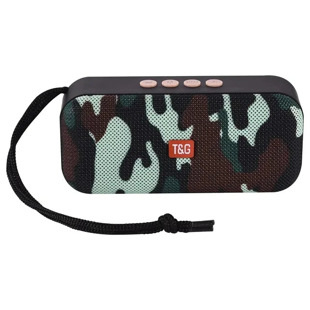 Mini Bluetooth speaker with camouflage fabric body and black carry strap