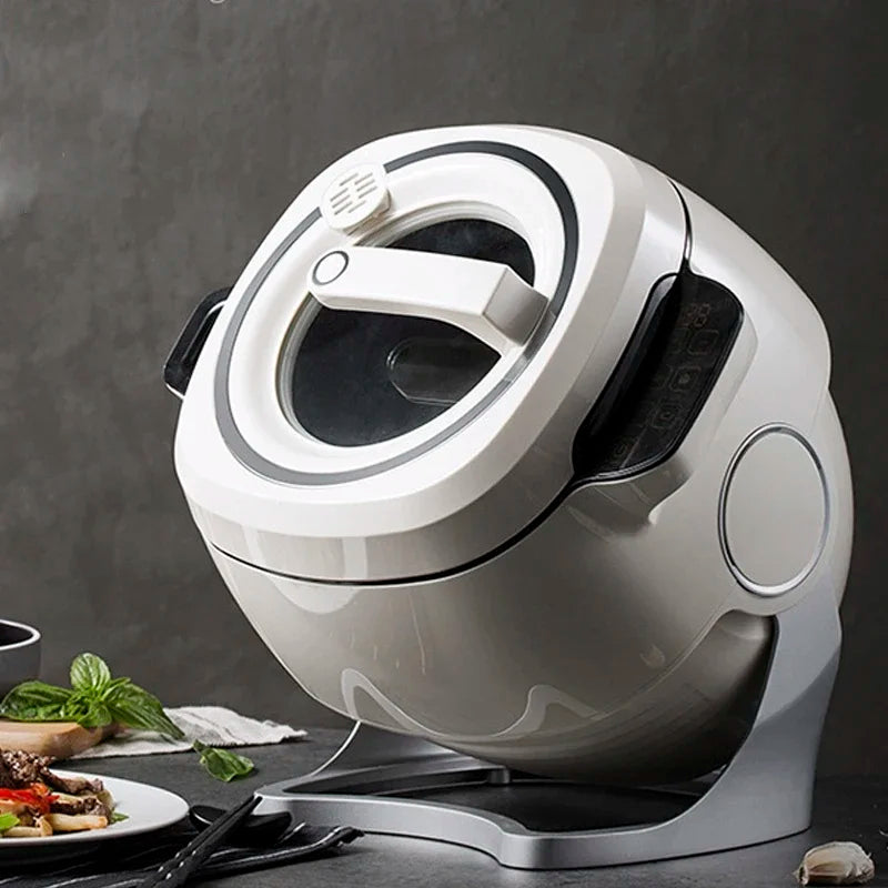 White multi cooker robot with control panel, open lid, and base stand