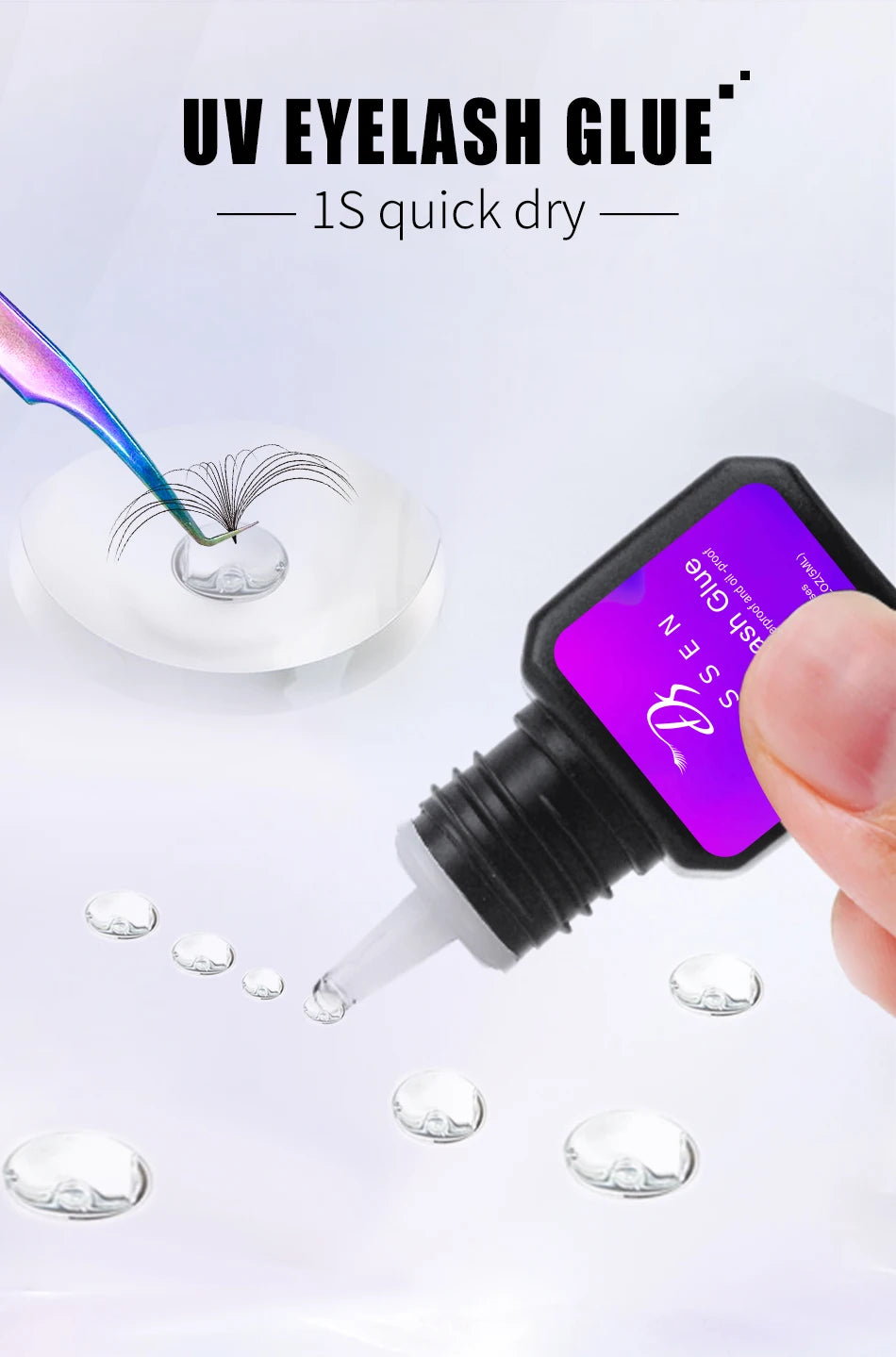 Dassen 5ml UV eyelash extension glue bottle with purple label, 1s quick-dry clear adhesive drops, and lash applicator.