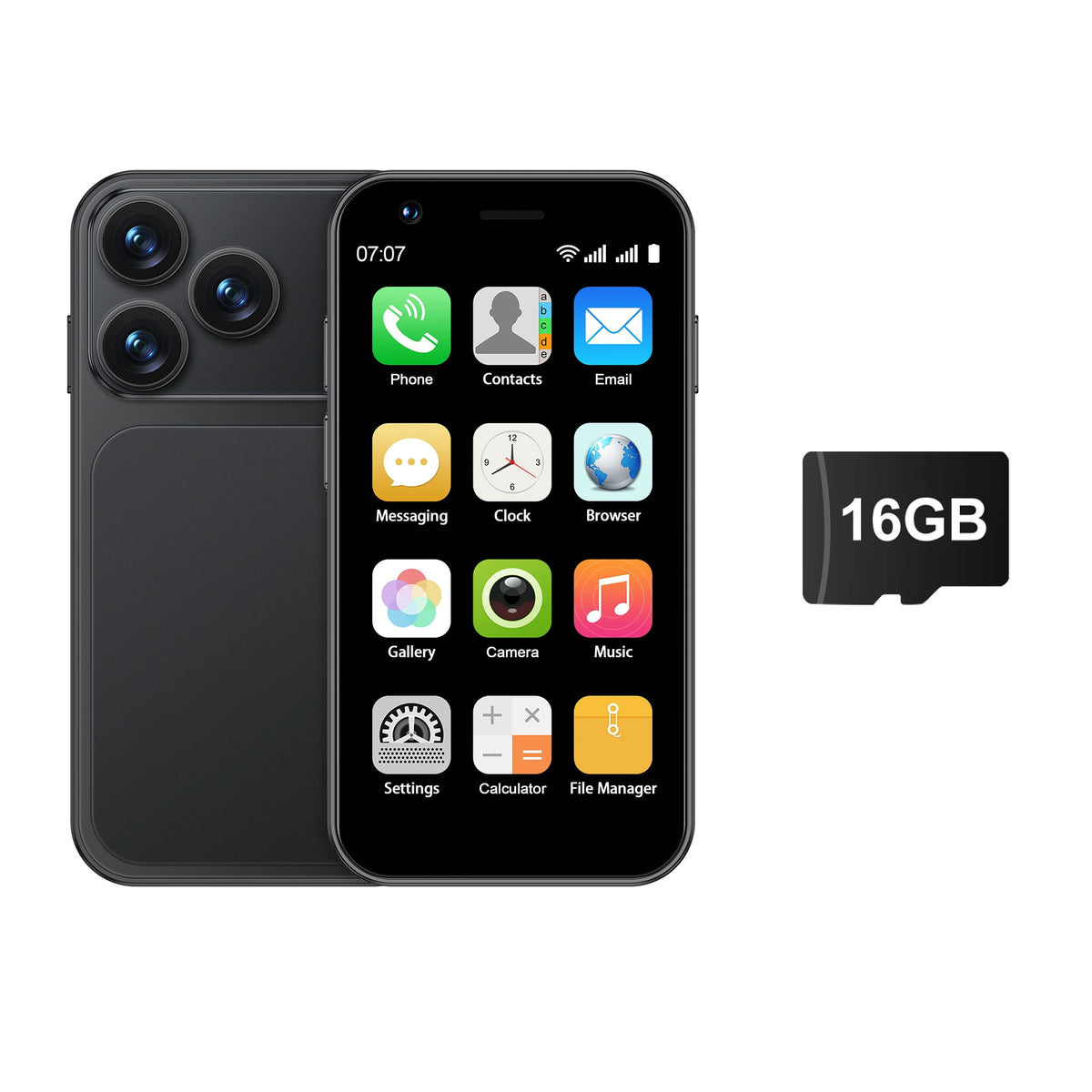 Black smartphone with dual rear cameras, front display and 16GB storage card