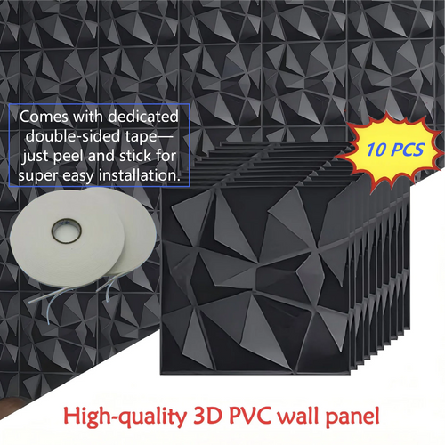 3D PVC wall panels with geometric triangles, black finish, 10-pack includes adhesive tape roll