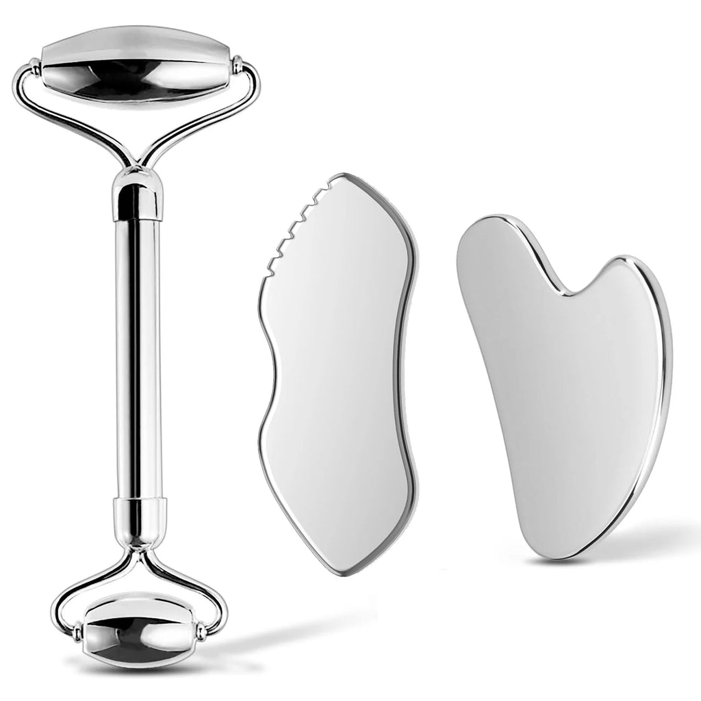 Silver stainless steel dual-ended facial roller and two unique shaped Gua Sha massage tools for skincare.