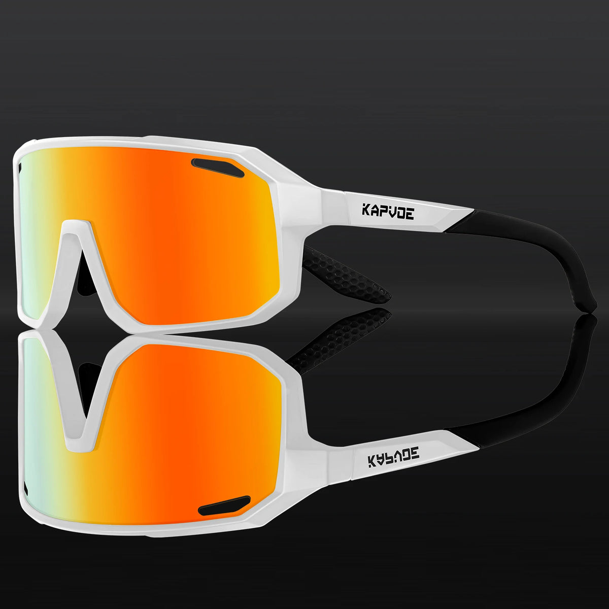 Kapvoe polarized bike sunglasses for kids, white frame, orange mirrored lenses.