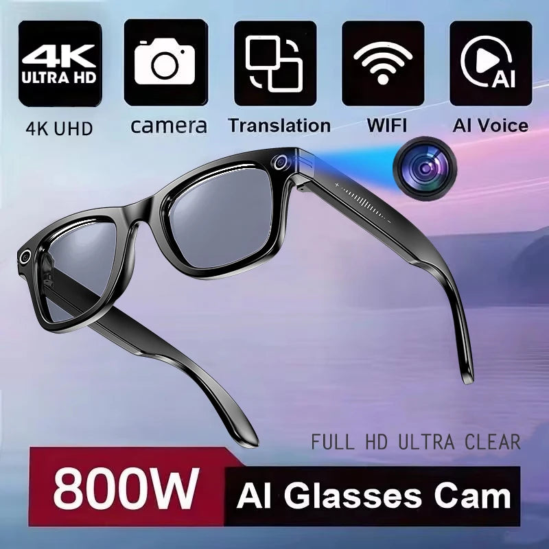 Black smart glasses with built-in camera, featuring 4K recording, AI voice, and real-time translation capabilities.