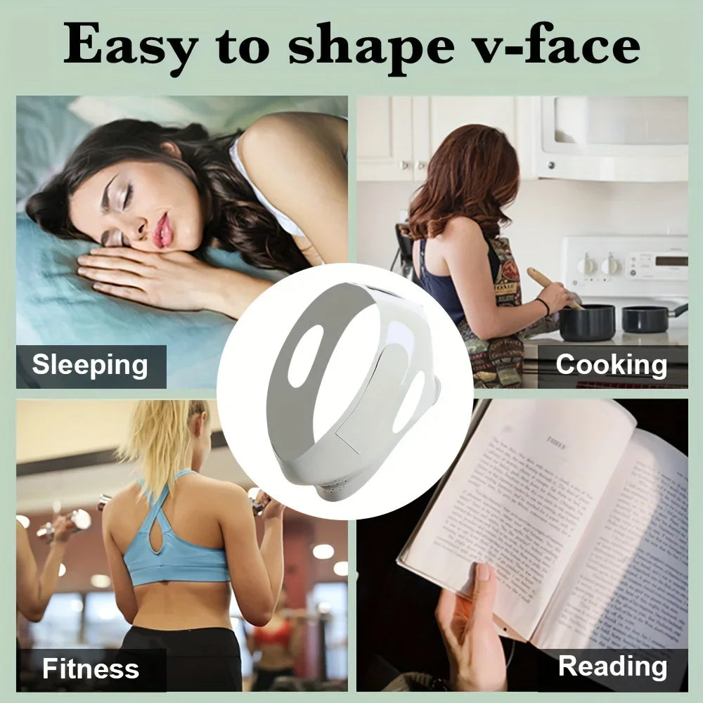 A white, adjustable V-line face slimming bandage with ear cutouts, shown being worn while sleeping, cooking, and more.