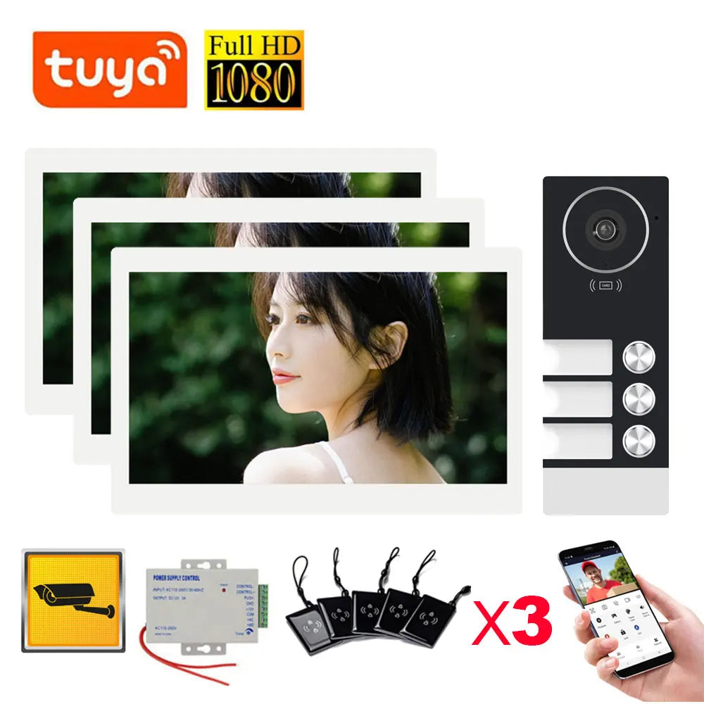 WiFi video doorbell intercom kit x3: black panels with camera lens and buttons